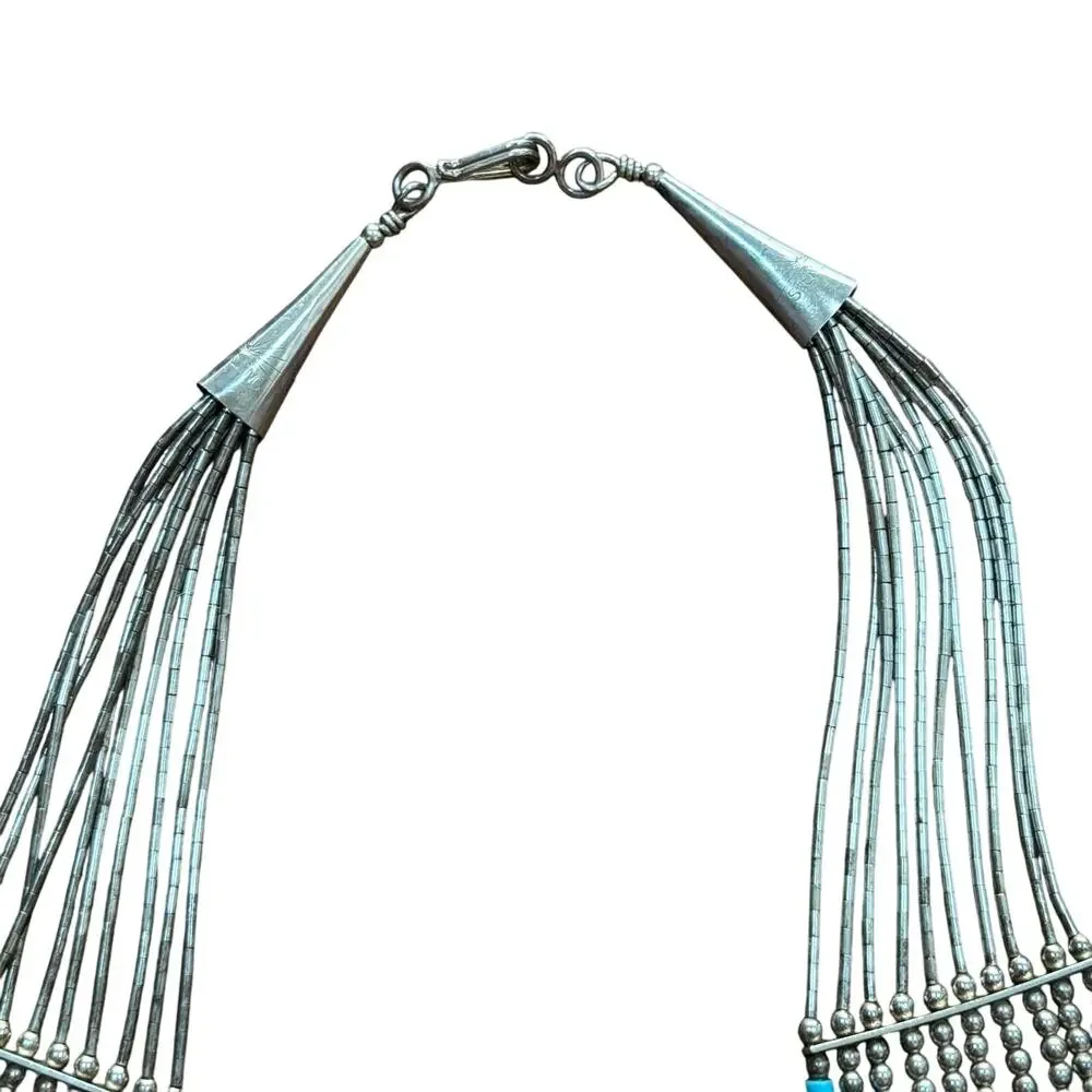 Sterling Silver beaded multistrand bib necklace southwestern gemstones signed
